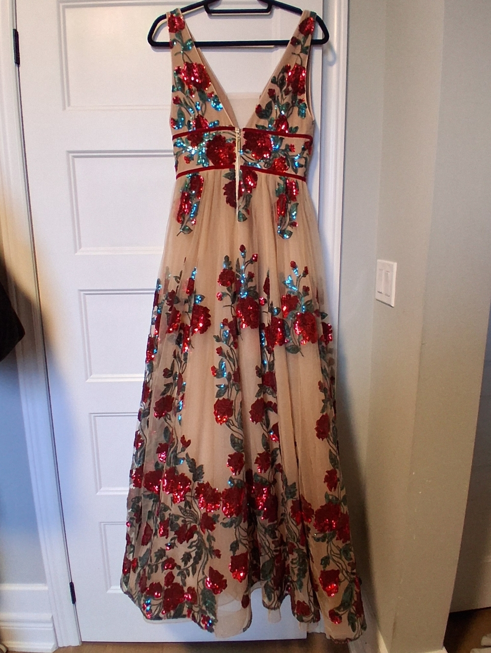 Bronx and Banco Nude Maxi Gown with Red and Green Sequin Florals - Picture 3 of 7